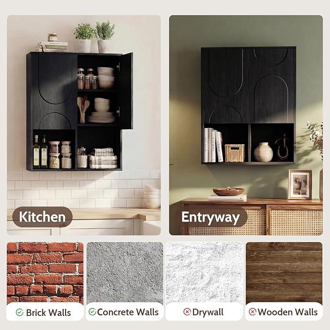 Bathroom Wall Cabinet, 24x30 Inch Small Over The Toilet Storage Cabinet, Black Space Saver Hanging Wall Mounted Medicine Cabinet Organizer with 2 Doors, Open Adjustable Shelf for Laundry Room Kitchen - ModernBath