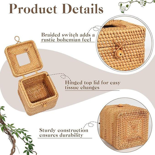 2 Pcs Rattan Tissue Box Cover 5.7" x 5.7" x 5.7"Rattan Square Tissue Box Cover Decorative Woven Facial Tissue Holder with Hinged Top Lid for Home Office Desk Living Room Bathroom Dec - ModernBath