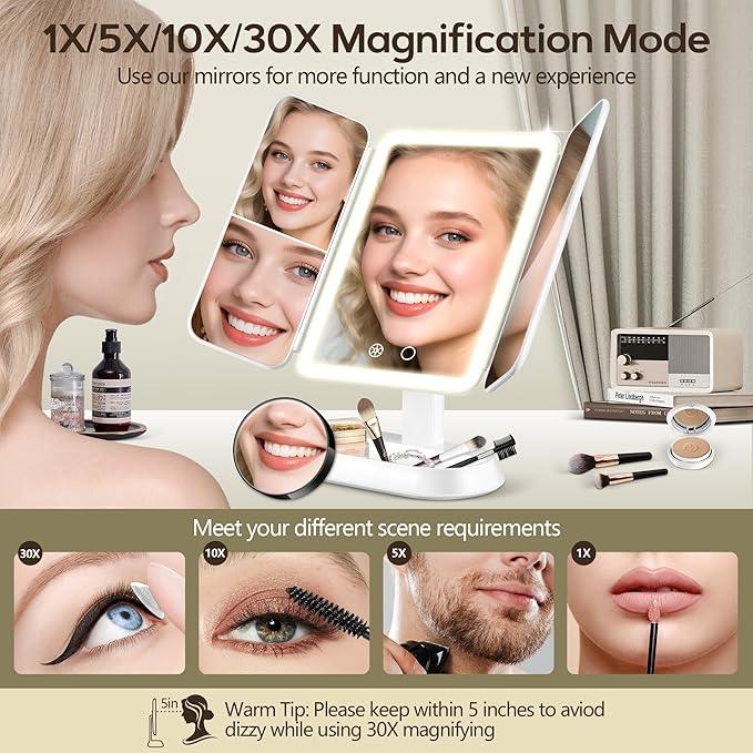 GOMIPURU Vanity Mirror with Lights, Lighted Makeup Mirror with 30X/10X/5X Magnification, Rechargeable Trifold Mirror with 3 Color & Adjustable Brightness, Travel Makeup Mirror with Lights for Desk - ModernBath