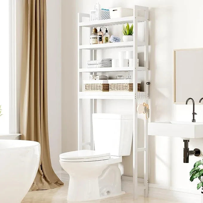 Smiry Over The Toilet Storage Cabinet, 4-Tier Bamboo Bathroom Organizers with Adjustable Shelf & 4 Hooks, Space Saving Shelf Rack for Bathrooms, Laundry Room, Balcony, White - ModernBath