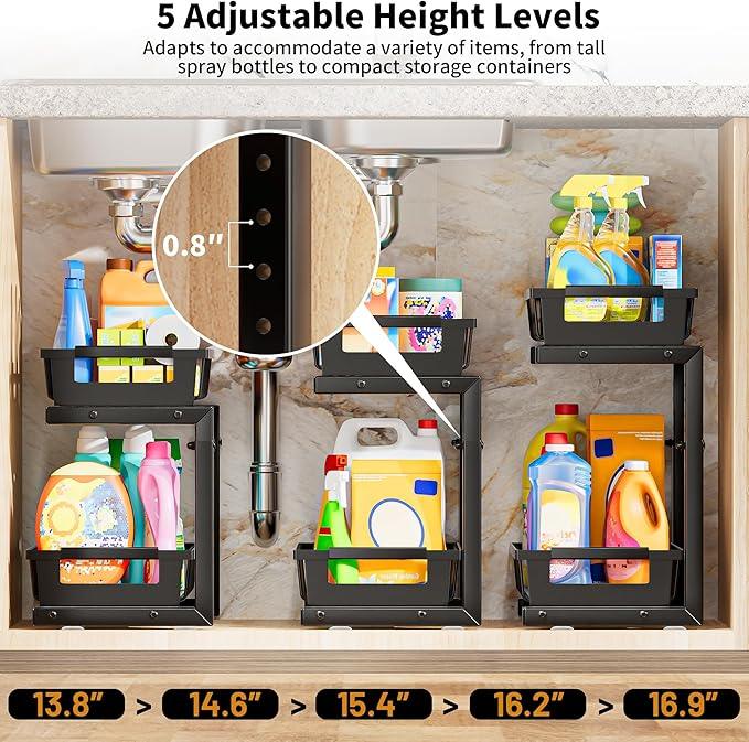 Under Sink Organizer 2 Pack, 2 Tier Adjustable Height Reinforced Carbon Steel Under Kitchen Bathroom Sink Storage Organizer, Smooth Pull-out Under Sink Cabinet Rack Drawer Organizer, Black - ModernBath