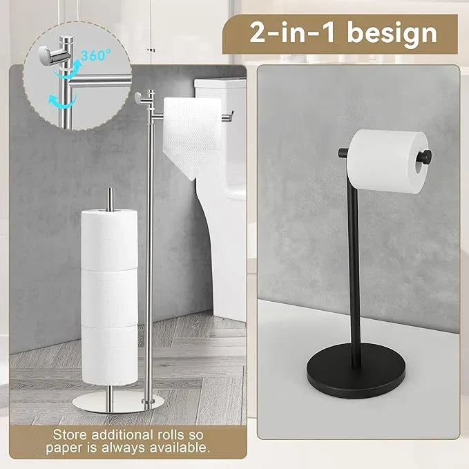 BGL Toilet Paper Holder Stand, SUS304 Stainless Steel Brushed Nickel, Weighted Base, Holds 5 Jumbo Rolls, Space-Saving Modern Bathroom Storage with Built-in Hook - ModernBath