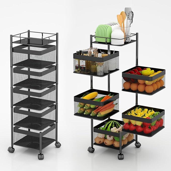 Fruit and Vegetable Basket for Kitchen No Assembly， Rotating Storage Rack,Bathroom Storage Shelf, Kitchen Organizers and Storage Cart on Rolling Wheels(Black, 5 Tier-Square) - ModernBath