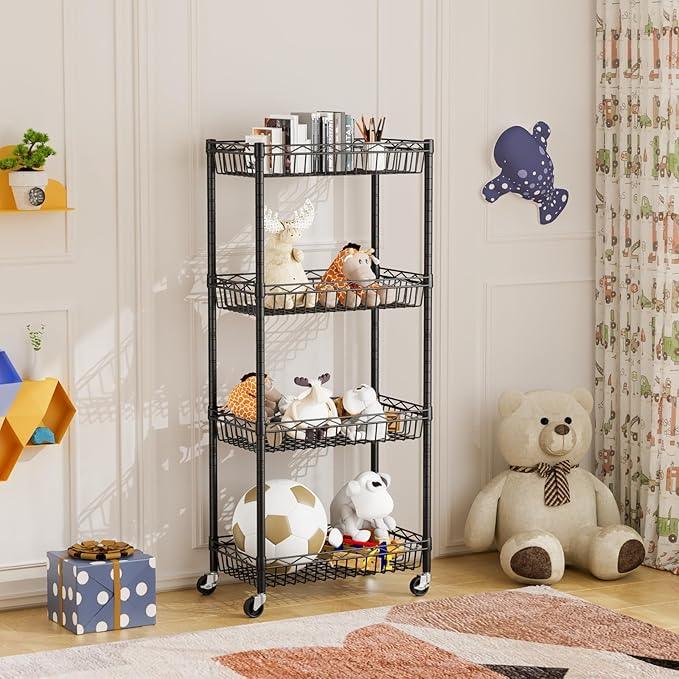 4 Tier Shelf Wire Shelving Unit Adjustable Storage Shelves Big Basket Rack Standing Units for Kitchen Closet Laundry Bathroom Organizers Metal Pantry Mesh 10" D x 16" W x 55" H Black - ModernBath