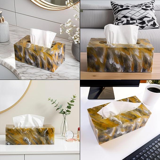 LebriQ Rectangular Tissue Box Cover | Heavyweight 1.5lbs Non-Slip Base | Gift Box Ready |Black, Amber & White Marble Acrylic Tissue Holder | Decorative Tissue Box for Bathroom, Bedroom,Office & Vanity - ModernBath