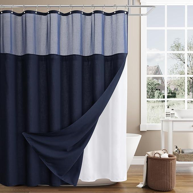 Naturoom Navy Blue Linen Shower Curtain with Fabric Liner Set Rustic Style Modern Farmhouse Shower Curtains for Bathroom 200GSM Burlap Cloth Double Bath Curtains with See Through Top Window 72x72 - ModernBath