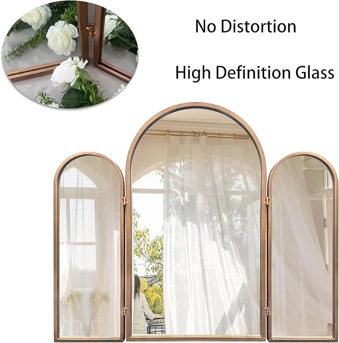 BAODANFU 3 Way Mirror Bathroom, Trifold Vanity Mirrors for Bathroom Bedroom, Large Arch Mirrors Decorative Vintage Gold, Adjustable Makeup Mirror for Braiding Hair 360° Way Tabletop & Wall Mounted - ModernBath