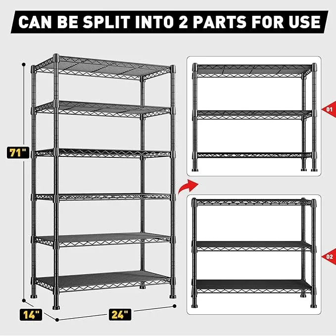 REIBII 6-Tier Storage Shelves Metal Shelving for Storage Load 1000 LBS,Wire Shelves Heavy Duty Shelving Unit Adjustable Pantry Shelf Bathroom Kitchen Garage 24" W x 14" D x 71" H, Black - ModernBath