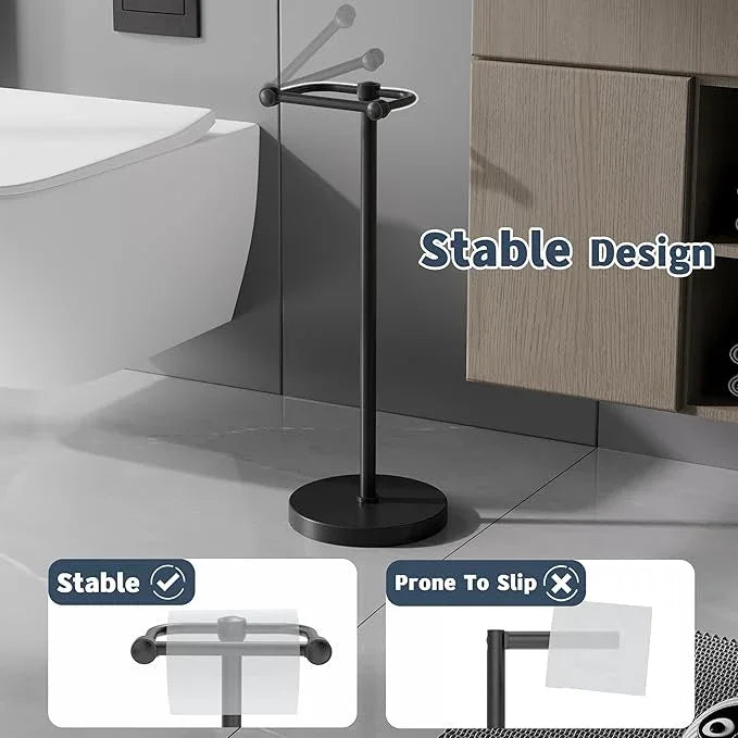 Toilet Paper Holder Stand, Modern Bathroom Free Standing Toilet Paper Roll Holder, Stainless Steel Tissue Rack, Rust-Proof & Heavy Stable Base (Matte Black) - ModernBath