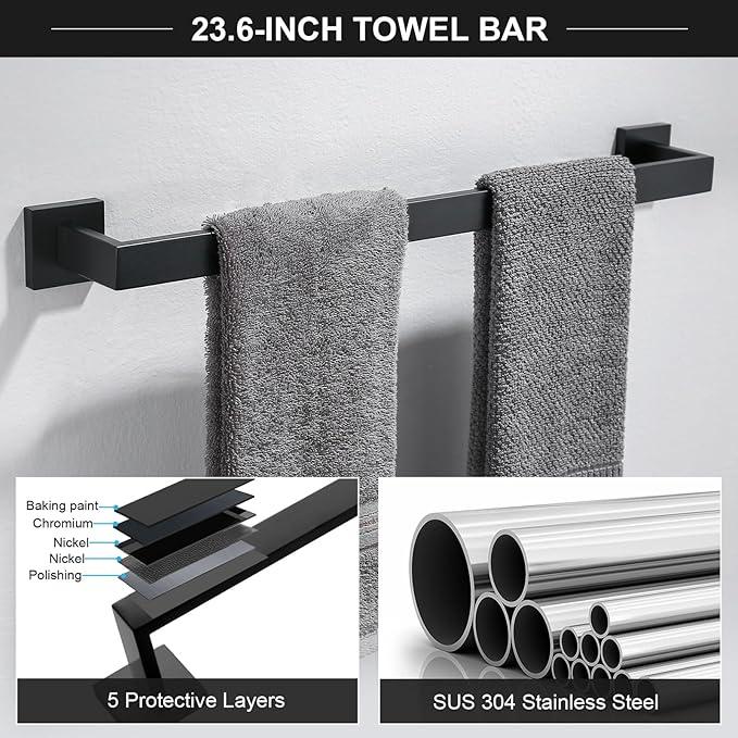 TQKAG 6-Piece Bathroom Towel Bar Sets Matte Black 23.6 inch Towel Bar Stainless Steel Towel Ring Coat Hook and Toilet Paper Holder Bathroom Hardware Set Wall Mounted Bathroom Accessories Kit - ModernBath