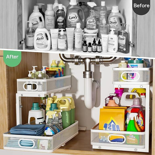 Under Sink Organizer, High Adjustable 2 Tier Under Sink Organizers and Storage, Slide Out Metal Cabinet Organizers, Pull Out Sink Storage Drawer Shelf for Kitchen Bathroom Cabinet, White, 1 Pack - ModernBath