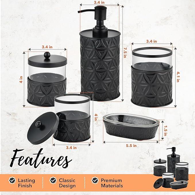 Autumn Alley Black Bathroom Accessories Set, 5 Pieces, Bathroom Decor - Black Soap Dispenser Bathroom Lotion Dispenser, Metal Toothbrush Holder, 2 Glass Apothecary Jars (Qtip Holder), Soap Holder - ModernBath