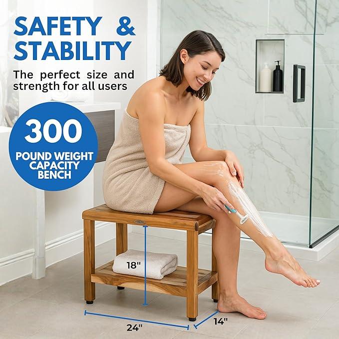 EcoDecors Eleganto 24 Inch Natural Color Waterproof Teak Wood Shower Bench Stool Seat Chair For Inside Shower Provides Safety, Storage, and Organization For Bathroom Accessories - ModernBath