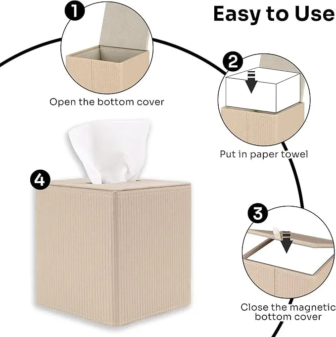 DODAMOUR Vertical Stripe Tissue Box Cover Cube – Ribbed PU Leather Square Holder, Magnetic Bottom Napkin Dispenser for Modern Home Office, Bedroom Nightstand (Khaki) - ModernBath