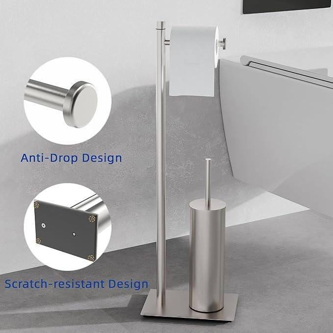 RUACQ Toilet Paper Holder Stand with Toilet Brush and Holder Set, 304 Stainless Steel Bathroom Toilet Tissue Paper Roll Holder Free Standing, Weighted Base, Heavy Duty (Brushed Nickel) - ModernBath