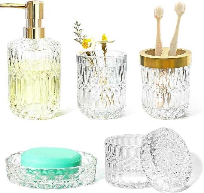 LaMarriti Glass Bathroom Accessories Set, 5pcs Crystal Clear Bathroom Set Accessories, Soap Dispenser, Toothbrush Holder Set, Soap Dish, Tumbler, Qtips Holder for Vintage Bathroom Decor, Gift Set - ModernBath