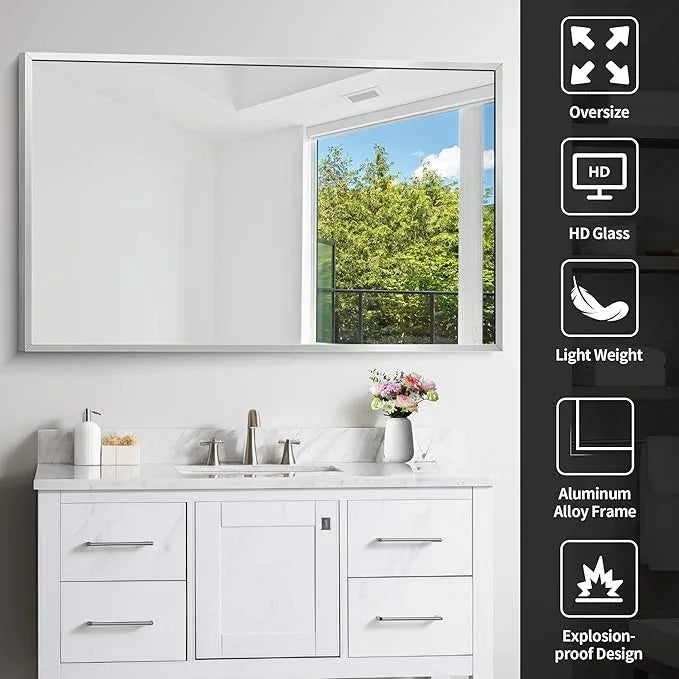 COFENY Silver Bathroom Mirror for Wall, 30x48 Inch Rectangle Mirrors with Metal Frame, Modern Vanity Wall Mirror Decor for Bathroom Living Room, Entryway Hangs Horizontal or Vertical - ModernBath