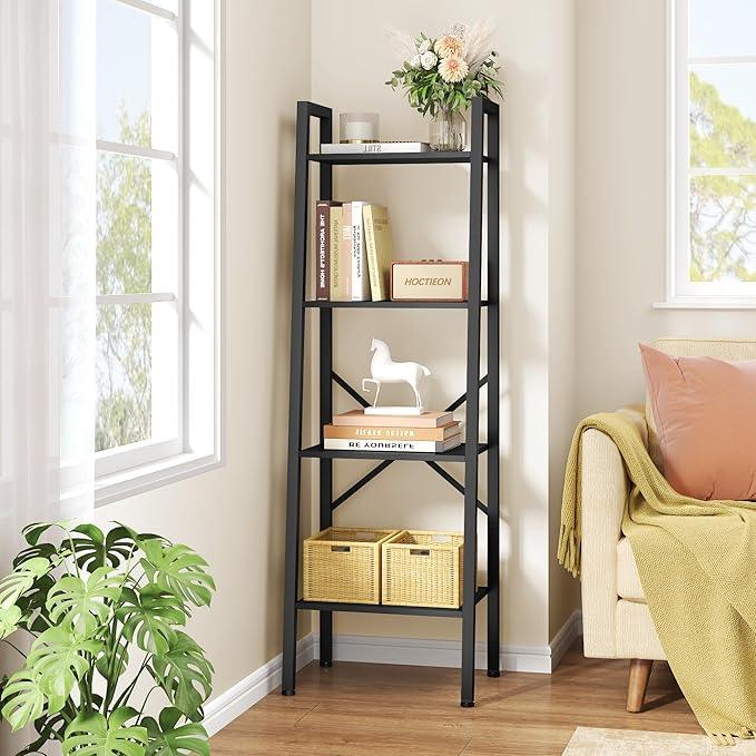 Hoctieon 4-Tier Industrial Ladder Bookshelf, Narrow Ladder Shelf, Tall Standing Bookshelf, Skinny Open Ladder Shelf, for Living Room, Home Office, Kitchen, Bedroom, Metal Frame, Black - ModernBath