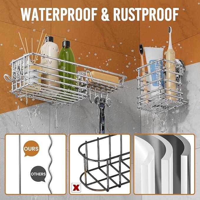 LEVERLOC Shower Caddy Suction Cup, 3 Pack Heavy Duty Bathroom Organizer For Inside Shower With Hooks & Soap Holder, Removable Bathroom Organizer, Rustproof Silver Holder Storage Storage,Silver - ModernBath