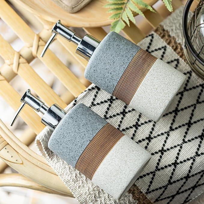Cormomu Ceramic Soap Dispenser Set(2 Pack) – Hand Soap, Dish Soap, Shampoo & Shower Soap Dispenser for Bathroom & Kitchen, Stainless Steel Pump, Includes Silicone Funnel & Diatomaceous Tray, Gray - ModernBath