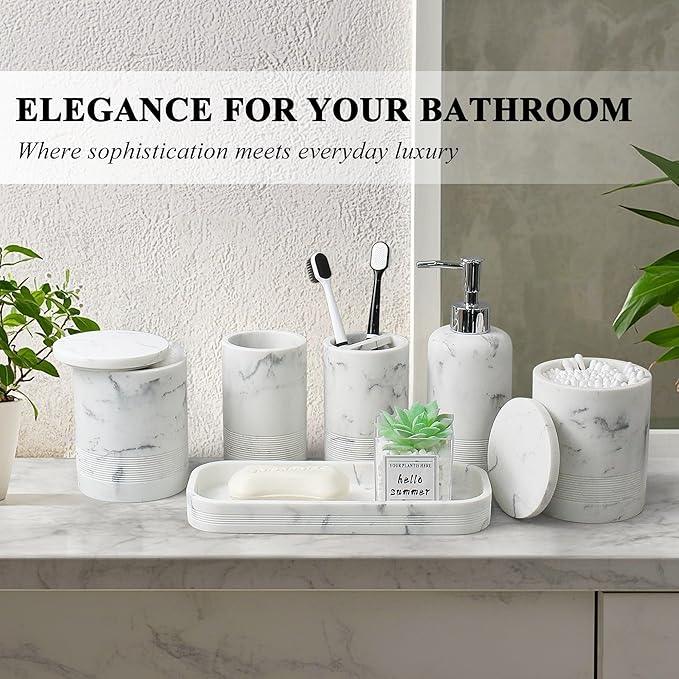 LIN CHUAN 6-Piece Bathroom Accessories Set, Organizer Set with Soap Dispenser, Toothbrush Holder Set, Vanity Tray, Tumbler & 2 Cotton Swab Jars – Modern Stylish Bathroom Storage(Marble White) - ModernBath