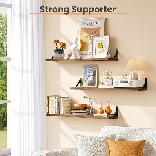 upsimples Floating Book Shelves for Wall, 35.4 Inches Long Floating Wood Shelves for Living Room, Library, Bedroom, Office Organizer and Storage, Brown - ModernBath