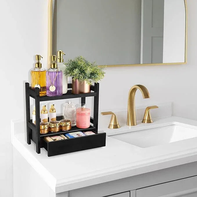 Sorbus Bamboo Bathroom Counter Organizer – 2-Tier Shelf with Hidden Drawer for Vanity, Matcha Station, Bathroom Sink Organizer Countertop, Kitchen & Office Storage (13″ L x 6.5″ W x 12.6″ H) (Black) - ModernBath
