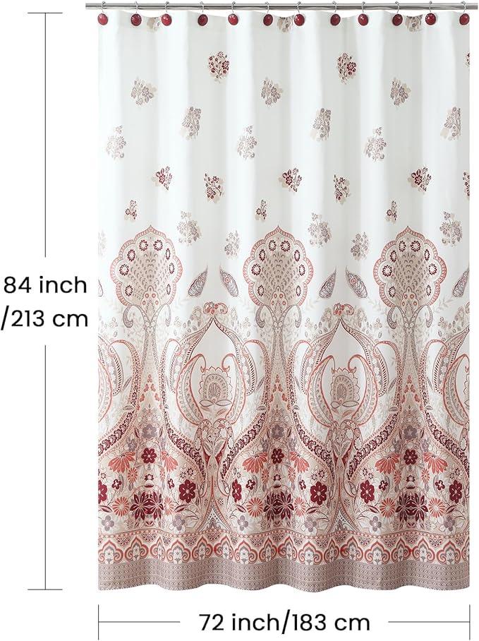BESTRIPES Extra Long Shower Curtain 72x84 Inch - Water-Repellent Off-White Premium Fabric with Burgundy Terracotta Taupe Paisley Floral Print - ModernBath