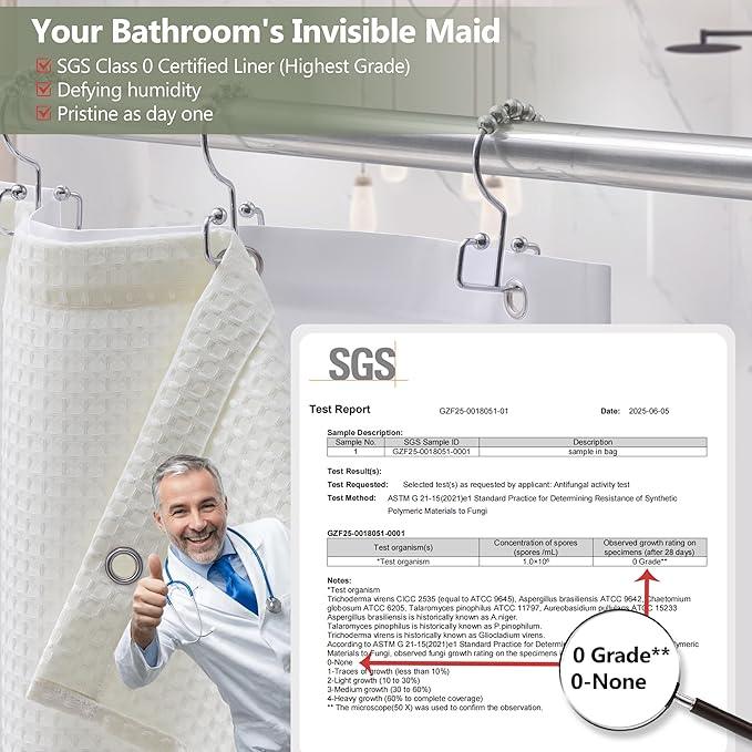 VANZAVANZU Luxury 3 in 1 Shower Curtain Set 3D Textured Waffle Weave Bathroom Curtain with Waterproof SGS Certified Fabric Liner & 12 Anti-Fall Stainless Steel Hooks, Machine Washable 72"x72" (Cream) - ModernBath
