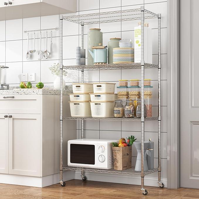 Homdox Heavy Duty 4-Tier Metal Shelving Unit with Adjustable Shelves, Rolling Storage Rack for Kitchen, Garage, Pantry, 36.02"x17.91"x74.41", Silver - ModernBath