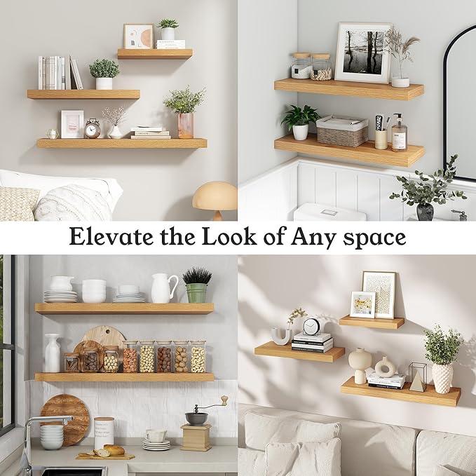 Floating Shelves for Wall, Wall Mounted Rustic Wood Shelves for Bathroom, Bedroom, Living Room, Kitchen, Hanging Shelf for Books/Storage/Room Decor (Oak, 24") - ModernBath