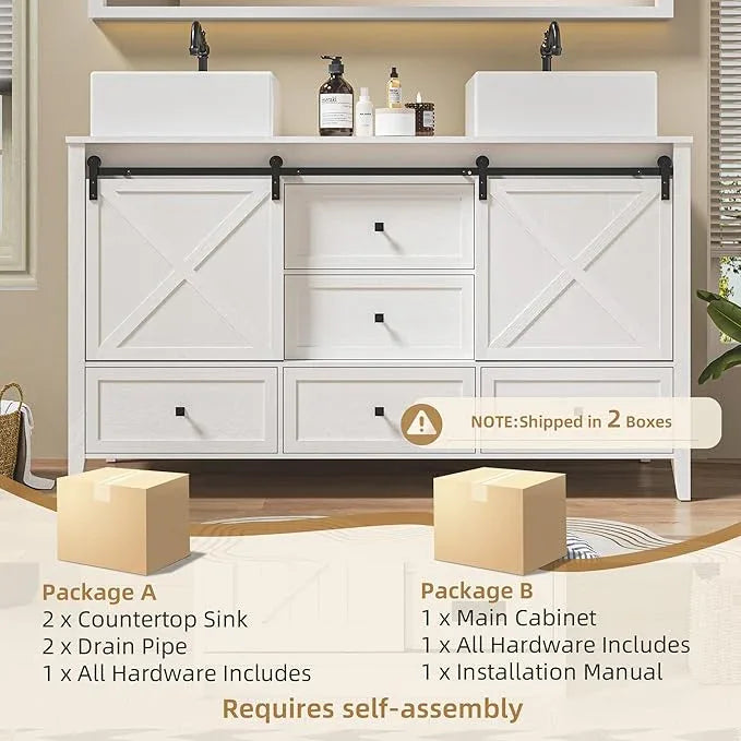 VNN Bathroom Vanity with Sink - 60 Inch Bathroom Vanity Double Sink Ceramic, Freestanding Cabinet with 2 Farmhouse Sliding Barn Doors and 5 Drawers, Space-Saving Storage Cabinet, White Wood Grain - ModernBath