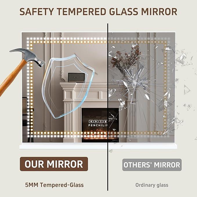 FENCHILIN Vanity Mirror with Lights and Bluetooth Speaker 31.5"x 22.8" Makeup Mirror Lighted Hollywood Mirror with LED Light Beads USB Charge Port, 3 Color Lighting Modes - ModernBath