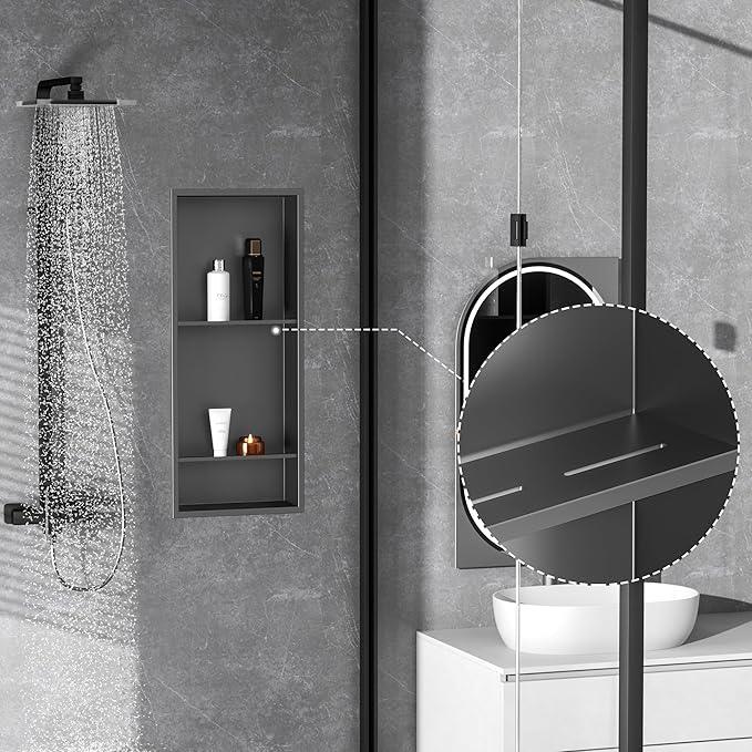 Qeke Stainless Steel Shower Niche 12" X 29", No Tile Needed Wall Niche Three-Tier, Recessed Shower Shelf for Bathroom Storage, Gun Metal - ModernBath