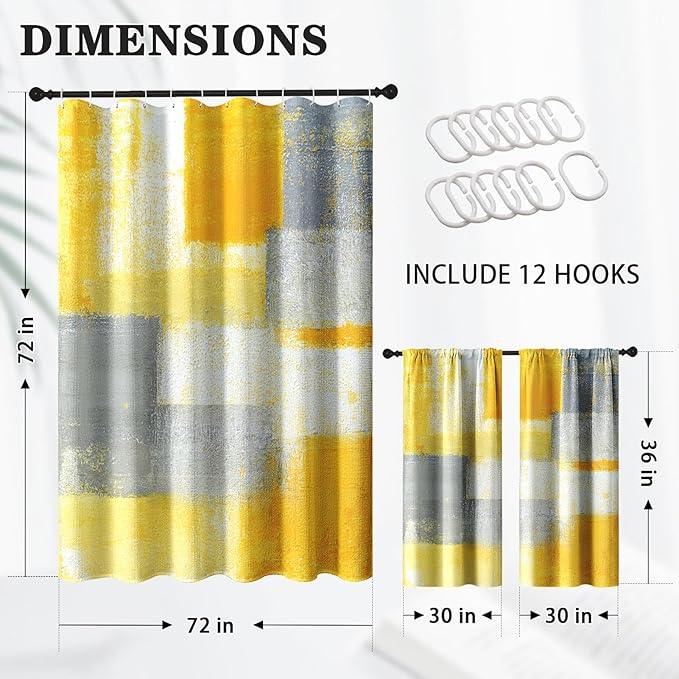 Culudea Grey Yellow Painting Shower Curtain Set, Gray Contemporary Abstract Bathroom Window Waterproof Shower Curtain Set for Bathroom Decor - ModernBath