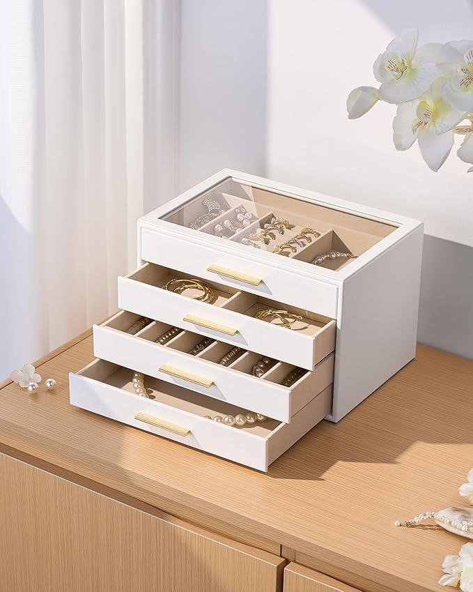 pickpiff Jewelry Box Organizer Case for Women: 4-Layer Jewelry Storage Case with Glass Window, Pure White Leather with Velvet Holder for Ring Necklace Bracelet Brooch Watch, Great Gift for Her - ModernBath