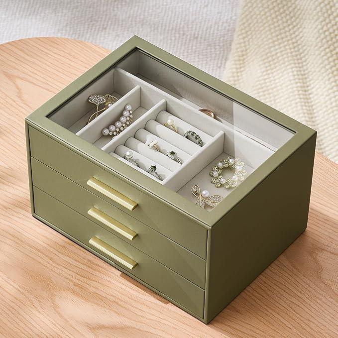 Jewelry Box Organizer Case for Women: 3-Layer Jewelry Storage Case with Glass Window, Olive Green Leather with Cream Velvet, Holder for Ring Necklace Bracelet Brooch Watch, Great Gift for Her - ModernBath