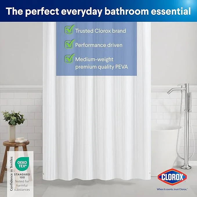 CLOROX Shower Curtain Liner, Premium Striped Medium-Weight Durable Waterproof 6g PEVA for Bathroom with Weighted Magnets, Printed Standard Size 72" x 72", White - ModernBath