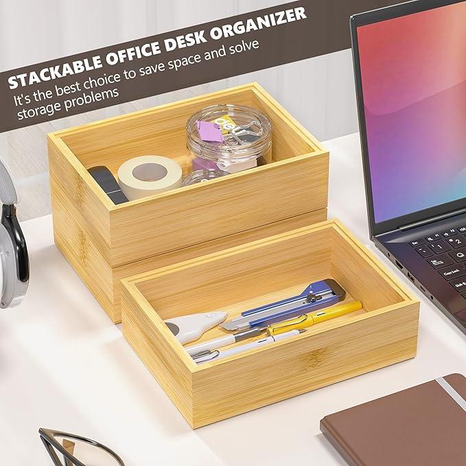Kitchen Drawer Organizer Bins, Stackable Bamboo Drawer Organizer for Silverware, Flatware, Deep Office Desk Drawer Organizer Tray, Desktop Pen, Office Organization 9" x 6" x 2.5" (Set of 2) - ModernBath