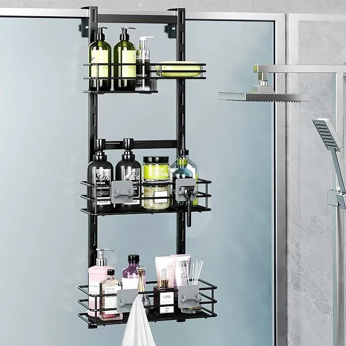 Orimade Over The Door Shower Caddy Adjustable 3 Tier Black,Bathroom Hanging Organizer Shelf Rustproof with 4 Hooks,Shower Basket with Soap Holder and Suction Cup - ModernBath