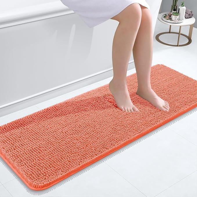 OLANLY Bathroom Rugs 47x17, Extra Soft Absorbent Chenille Bath Rugs, Rubber Backing Quick Dry, Machine Washable Bath Mats for Bathroom Floor, Tub and Shower, Home Decor Accessories, Coral - ModernBath