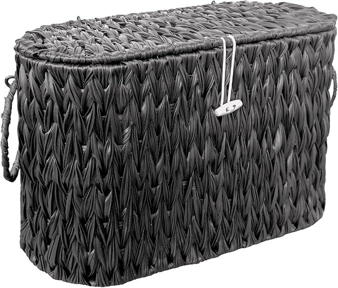Black Toilet Paper Basket with Lid,Wicker Toilet Paper Storage Stand,Large Narrow Bathroom Towel Basket Mega Roll Container Bin for Toilet Tank,Floor - ModernBath