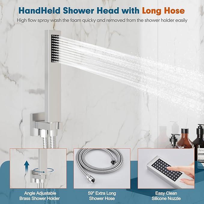 Kurpot Shower System, 10'' High Pressure Brushed Nickel Shower Head with Handheld Spray Combo, Included 59'' Shower Hose, Shower Trim Kit and 2-IN-1 Diverter, Bathroom Shower Faucet Set with Valve - ModernBath