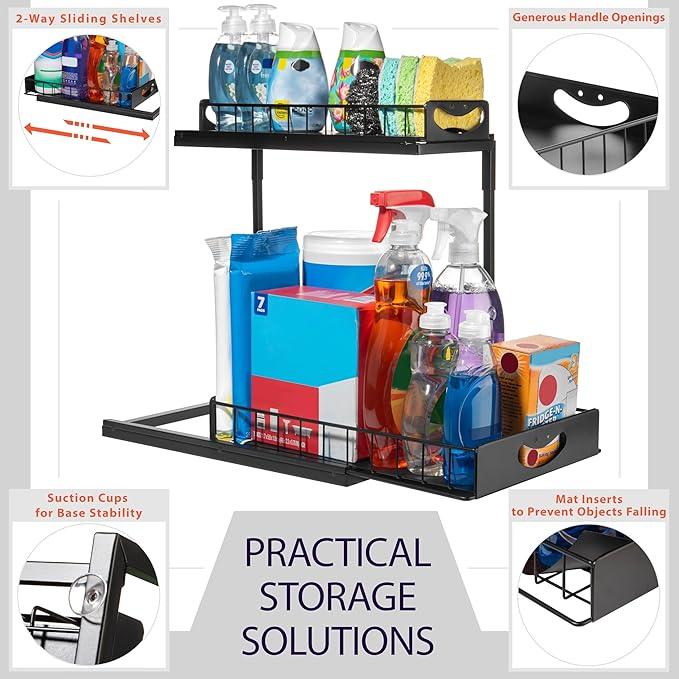 ClearSpace Under Sink Organizer, Pull Out Cabinet Organizer, 2 Pack - 2 Tier Slide Out Organizers and Storage Shelf - Metal Sliding Drawer for Kitchen Bathroom Pantry Cabinet Organization Rack, Black - ModernBath