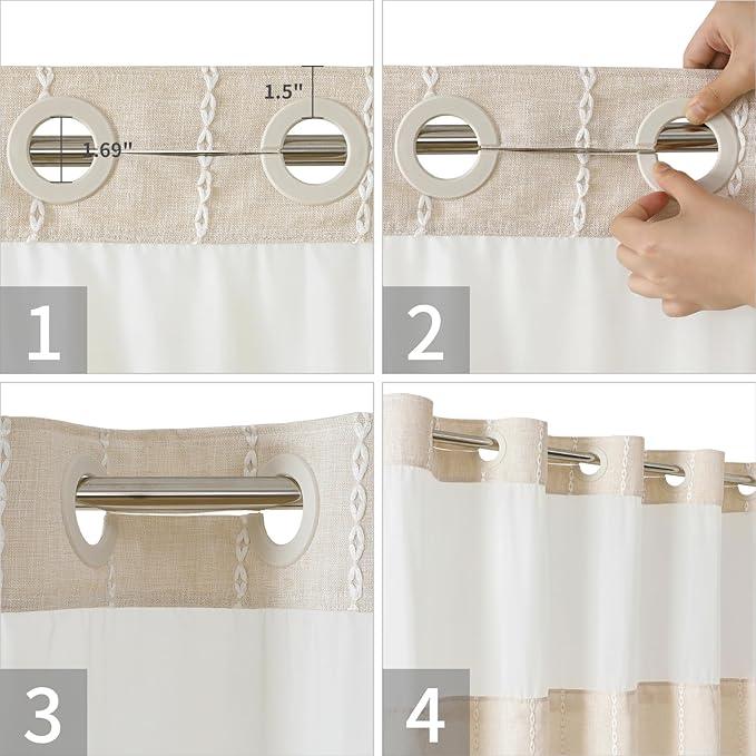 eachope Boho Farmhouse No Hook Shower Curtain Set with Snap-in Fabric Liner,Heavy-Duty Linen Textured Rustic Striped Design,Water-Repellent with Tassels and Sheer Window,Cream/Beige,71x74 - ModernBath