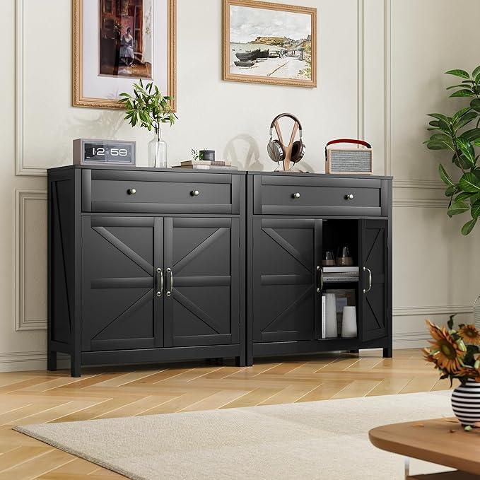 Buffet Sideboard with 2 Barn Doors,Black Kitchen Cabinet with Adjustable Shelf, Freestanding Floor Storage Cabinet - ModernBath