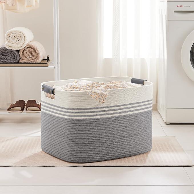 100L Extra Large Laundry Basket with Leather Handles for Living Room Storage, Woven Rope Baskets for Blanket, Kids Toy, Gifts, Wicker Hamper for Bedroom Dirty Clothes, 24"x16"x16" White Grey - ModernBath