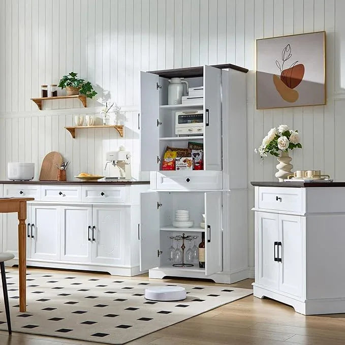 71" White Tall Pantry Cabinet with Drawer and Adjustable Shelves, Modern Storage Cabinet with Doors, Kitchen Buffet Cabinet, Food Pantry Storage Cabinet, Coffee Bar, Living Room and Dining Room - ModernBath