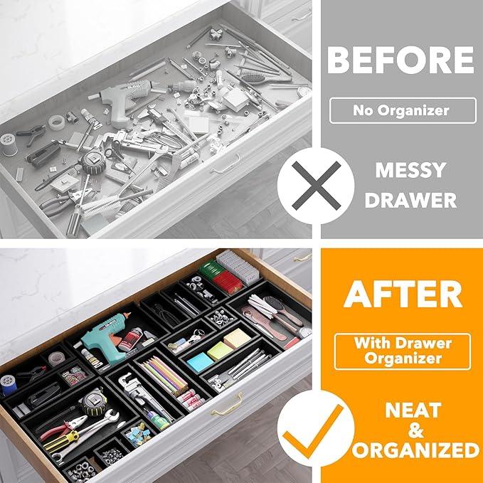 SpaceAid 21-Piece Bamboo Drawer Organizer Storage Boxes Set, Wood Tray Junk Drawer Organizers Multi-Use Divider Bins for Kitchen, Bathroom, Office Desk and Makeup Organization (21 Pack, Black) - ModernBath