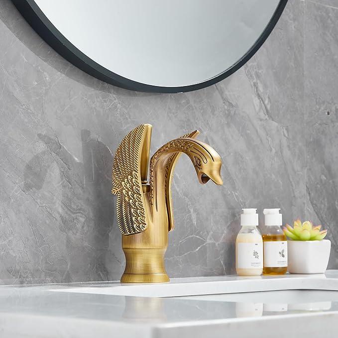 GGStudy Bathroom Faucet Antique Brass Swan Single Handle One Hole Bathroom Vanity Faucet Basin Tap Deck Mount Lavatory - ModernBath
